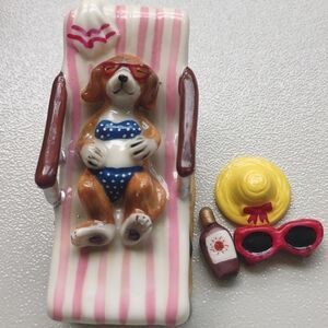 Cute Beach Dog Hidden Trinket Box w/ Lounge Chair, Sunglasses, Hat & Sunscreen